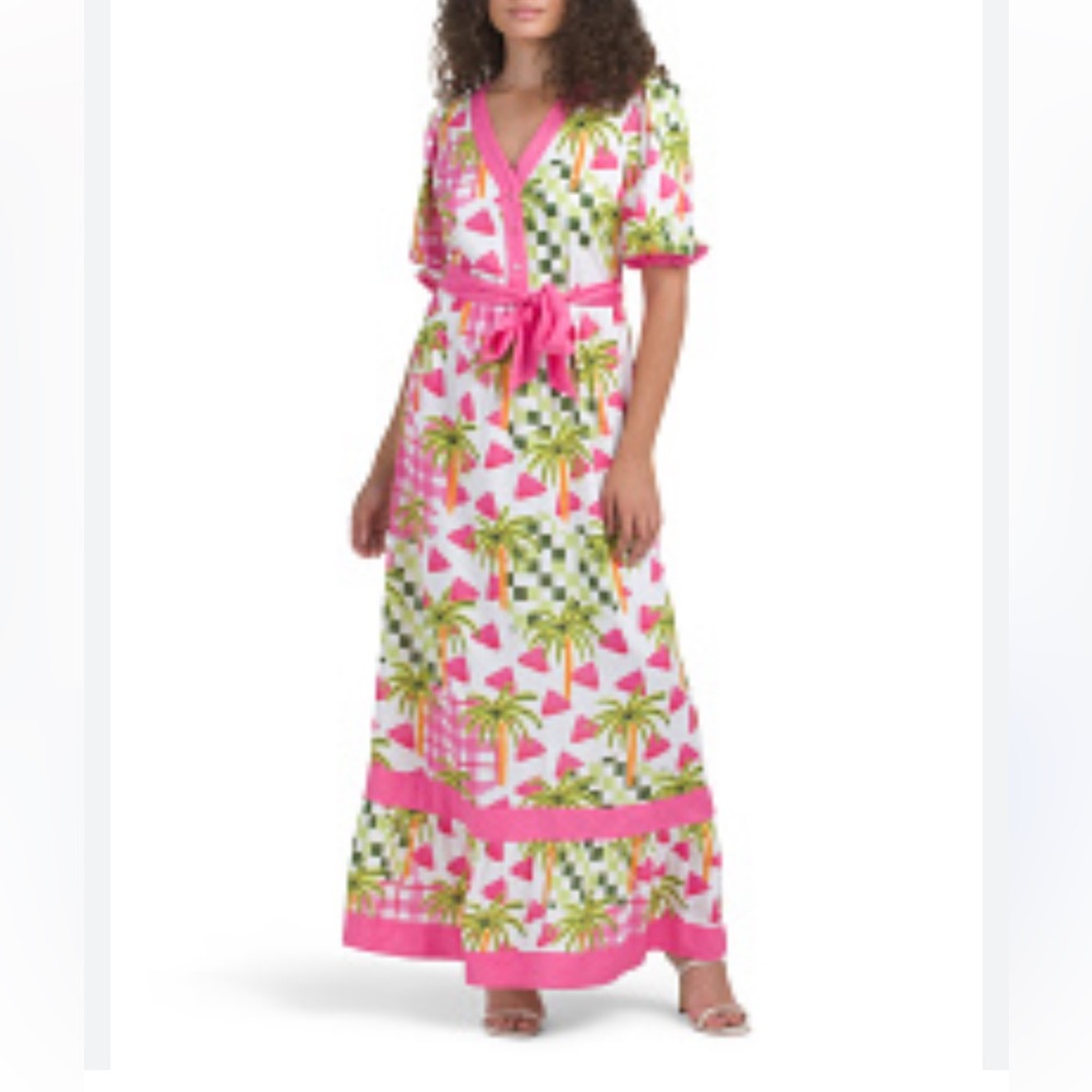 Celina Moon NWT‎ Tiered Short Puff Sleeve Palm Print Maxi Dress size large